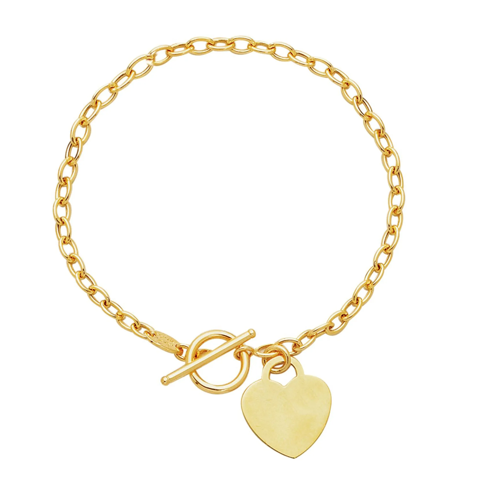 14k Yellow Gold Chain Oval Link Heart Bracelet, 7.50