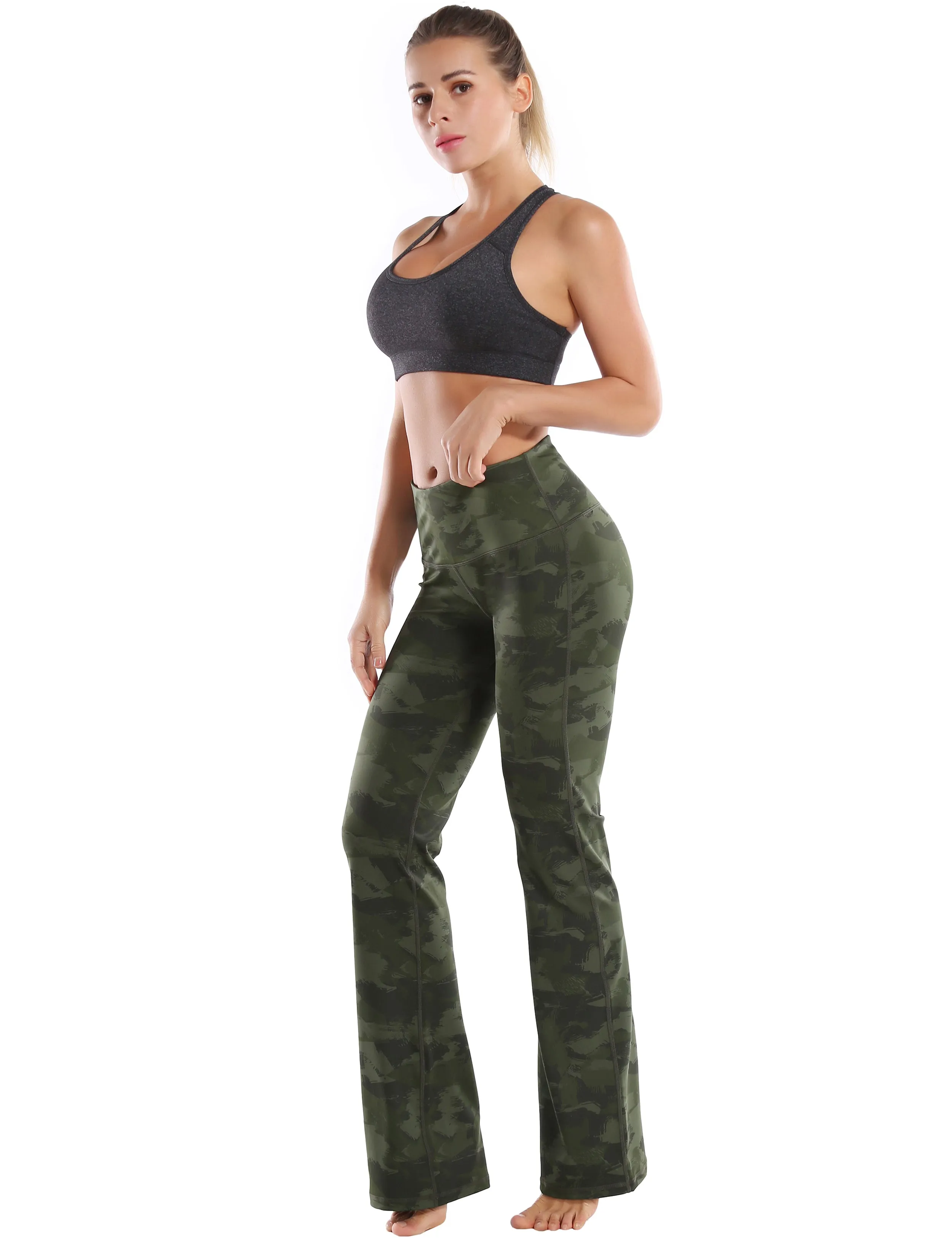 29" 31" 33" 35" 37" High Waist Printed Bootcut Leggings green brushcamo