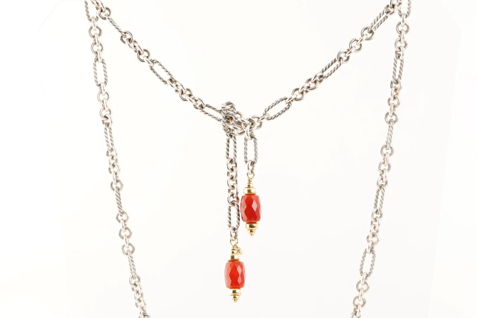 36" David Yurman Silver & Gold Carnelian Figaro Bijoux Lariat Necklace (90.42g.)