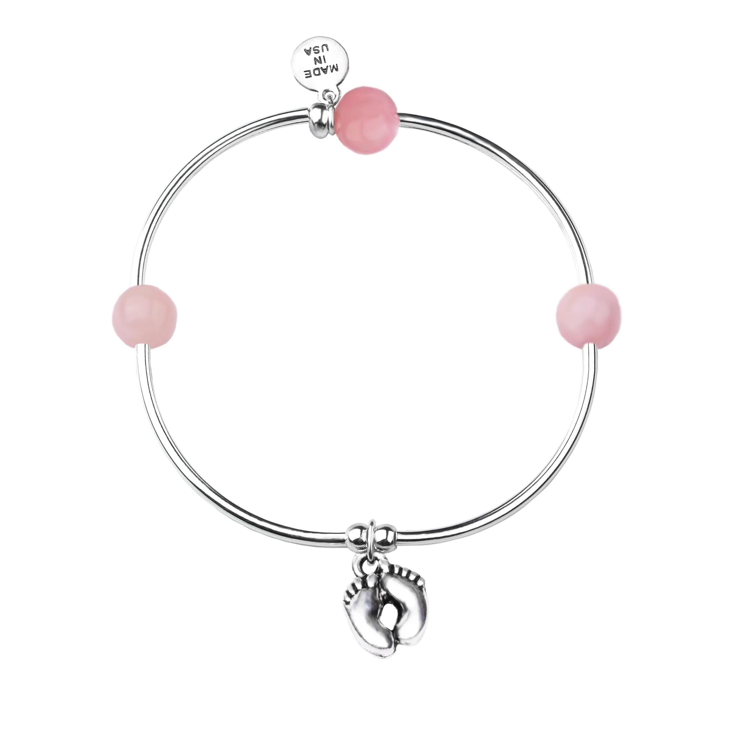 Baby Feet | Soft Bangle Charm Bracelet | Rose Quartz