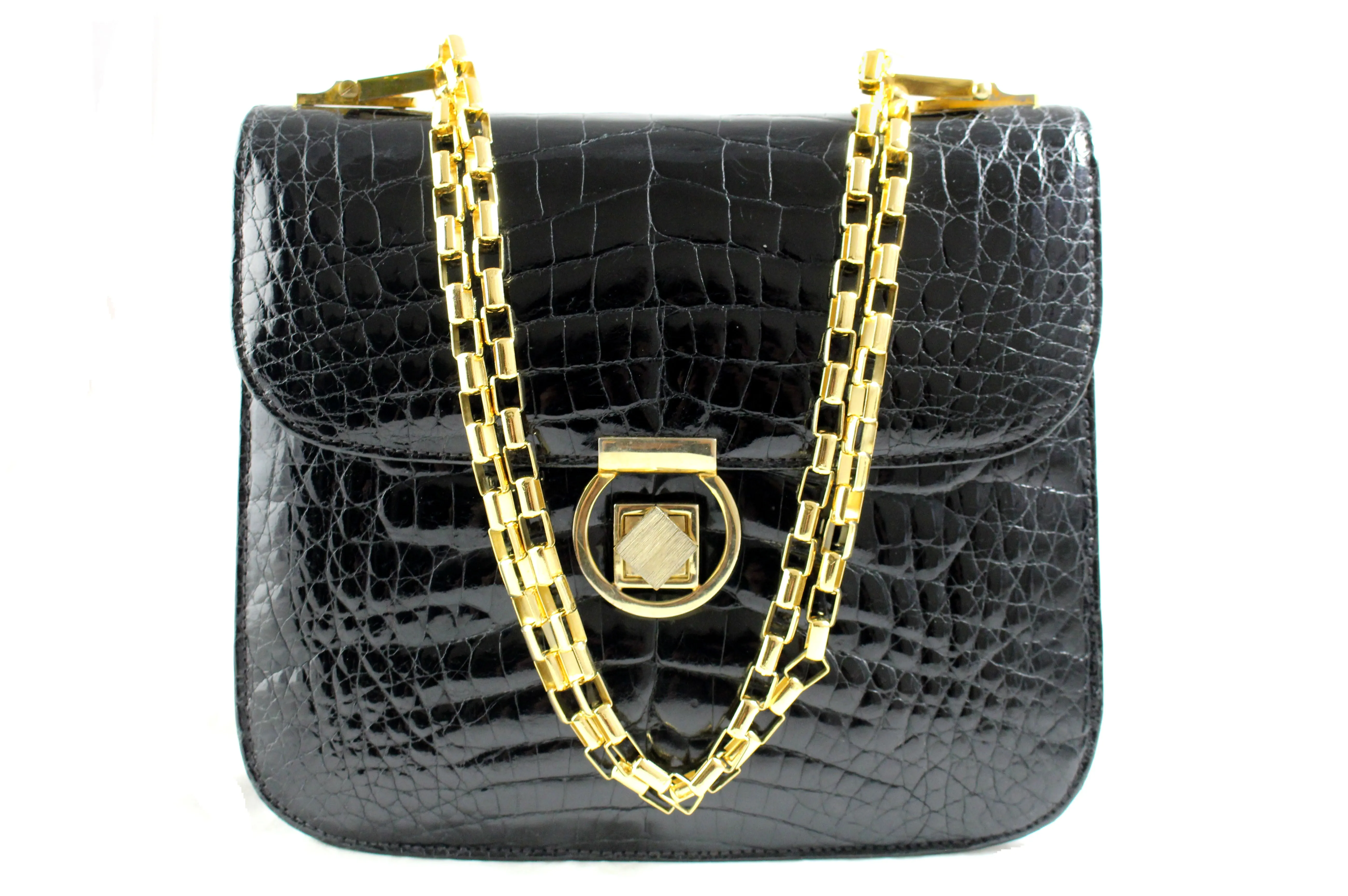 Black crocodile skin bag with adjustable chain handle