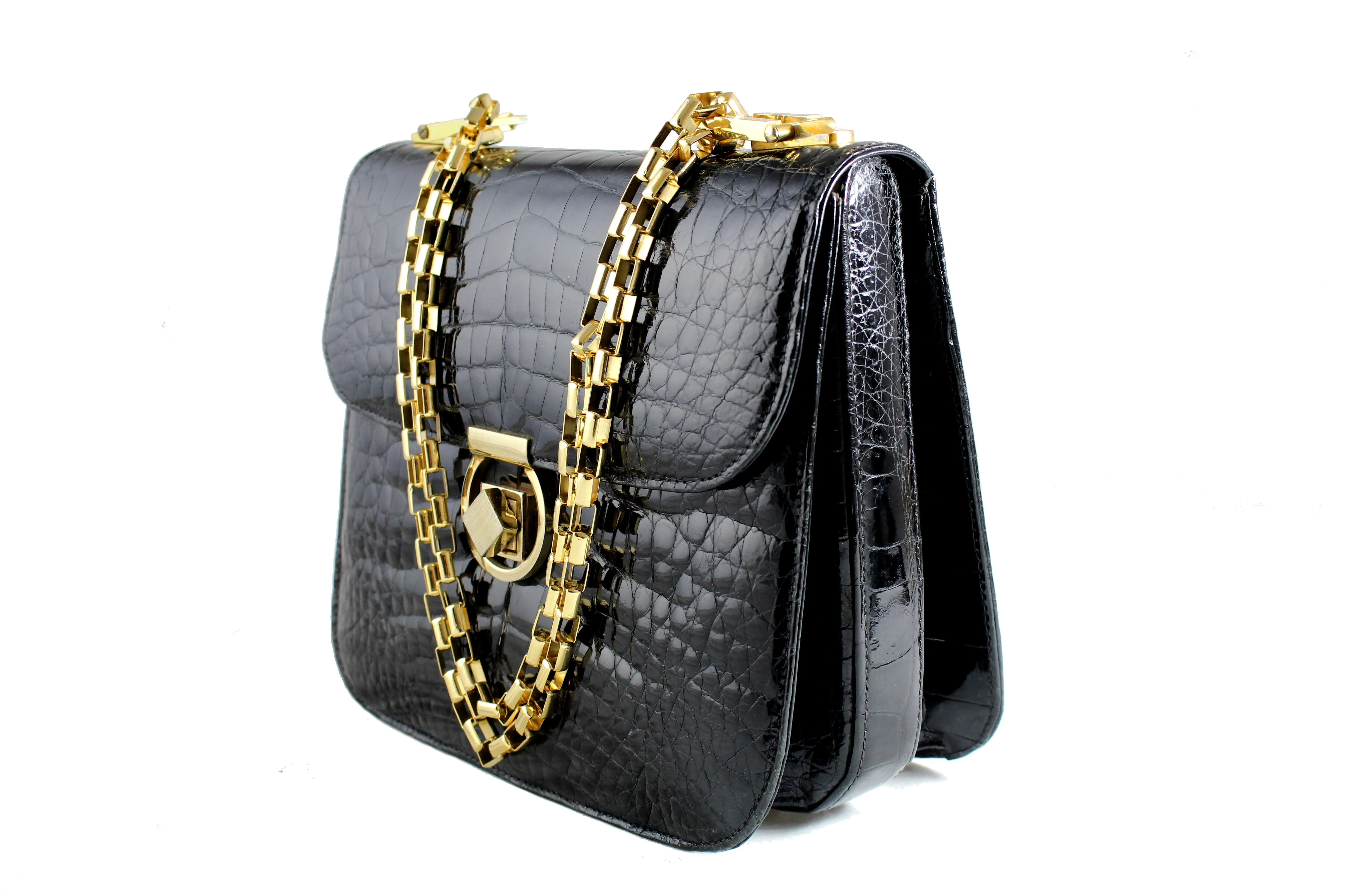 Black crocodile skin bag with adjustable chain handle