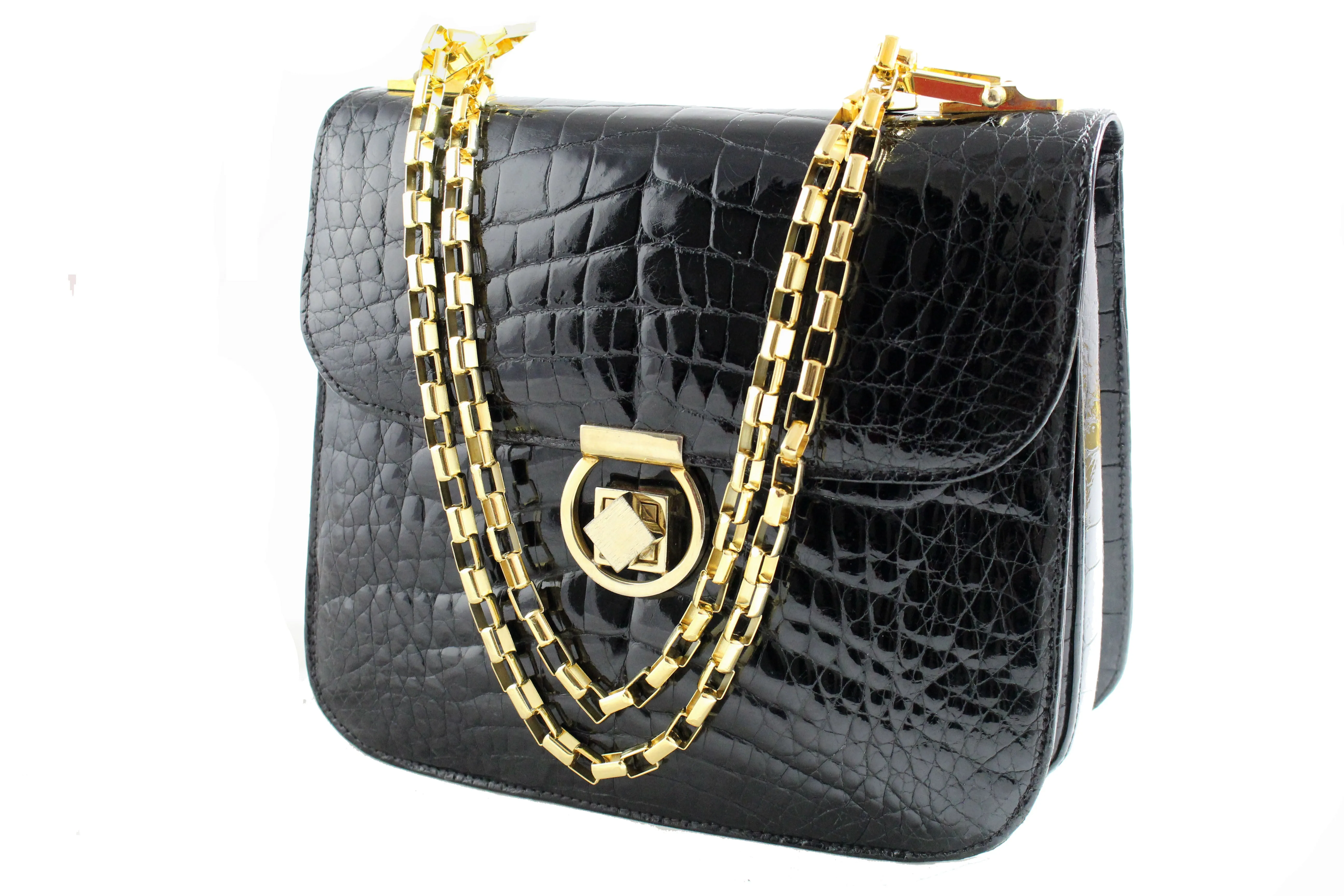 Black crocodile skin bag with adjustable chain handle