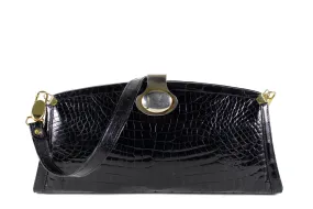 Black crocodile skin clutch with decorative brooch