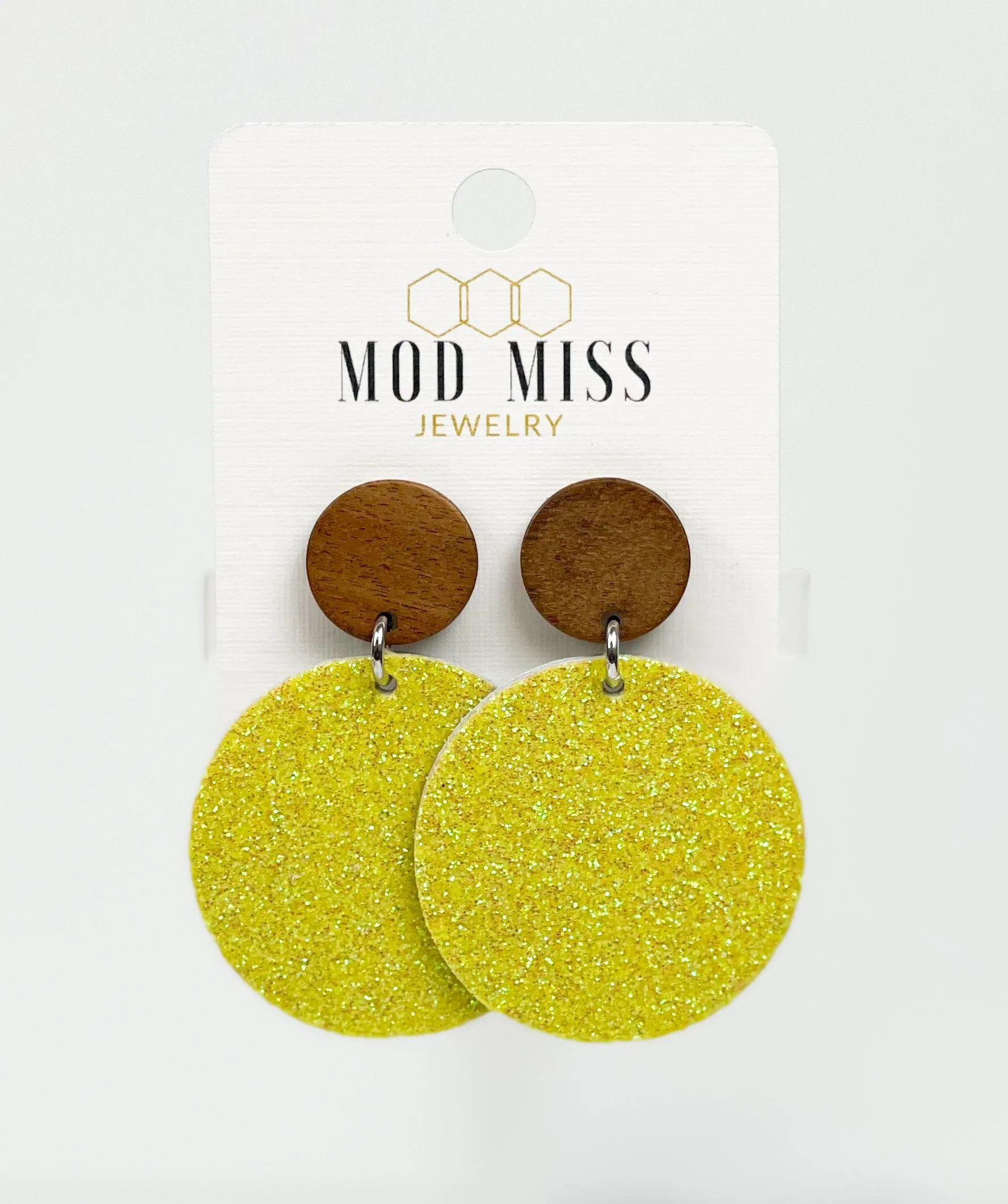 Cork Leather Round Earring Fine Glitter Yellow