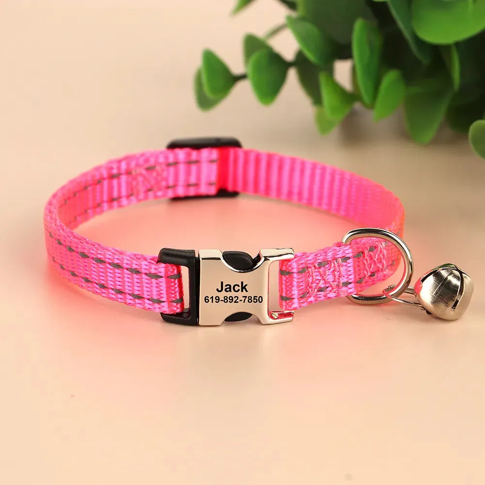 Engraved Custom Cat Collar Reflective Kitten Puppy Collars with Bell Personalized Pet Cats Collar Necklace Accessories 1cm Width