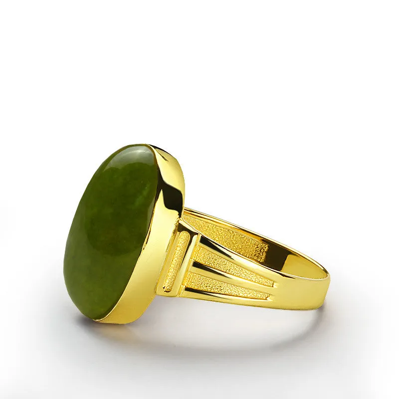 Men's 14 karat Gold Ring with Natural Green Agate Stone