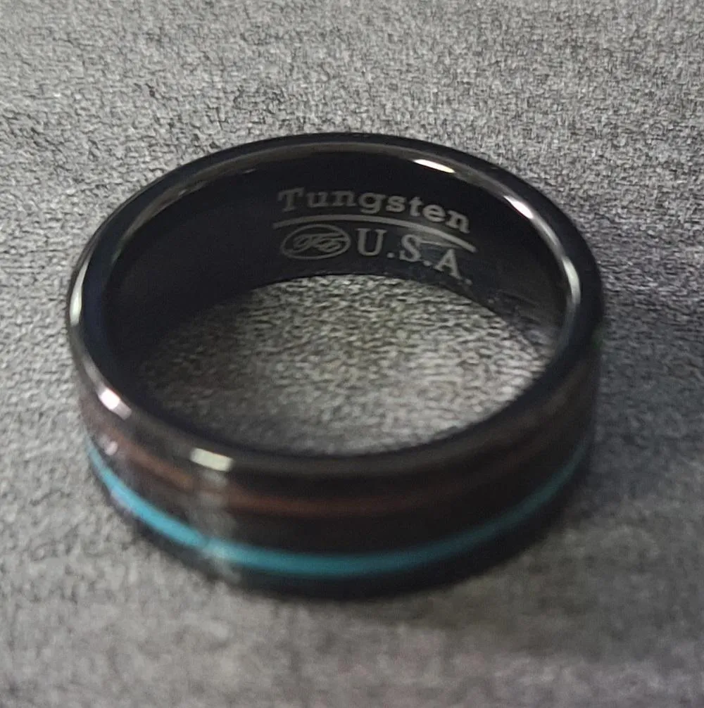 Personalized Men's Promise Ring - Turquoise and Wood Inlays Real Tungsten