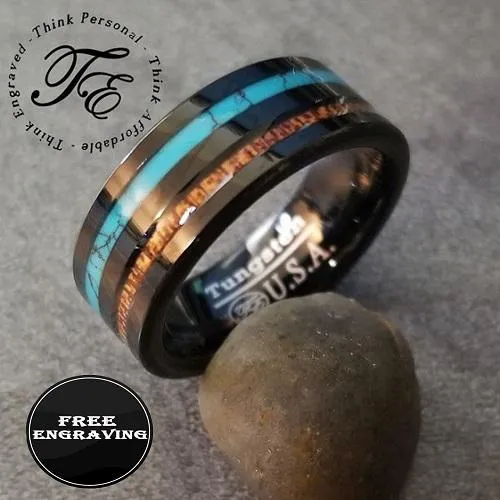 Personalized Men's Promise Ring - Turquoise and Wood Inlays Real Tungsten