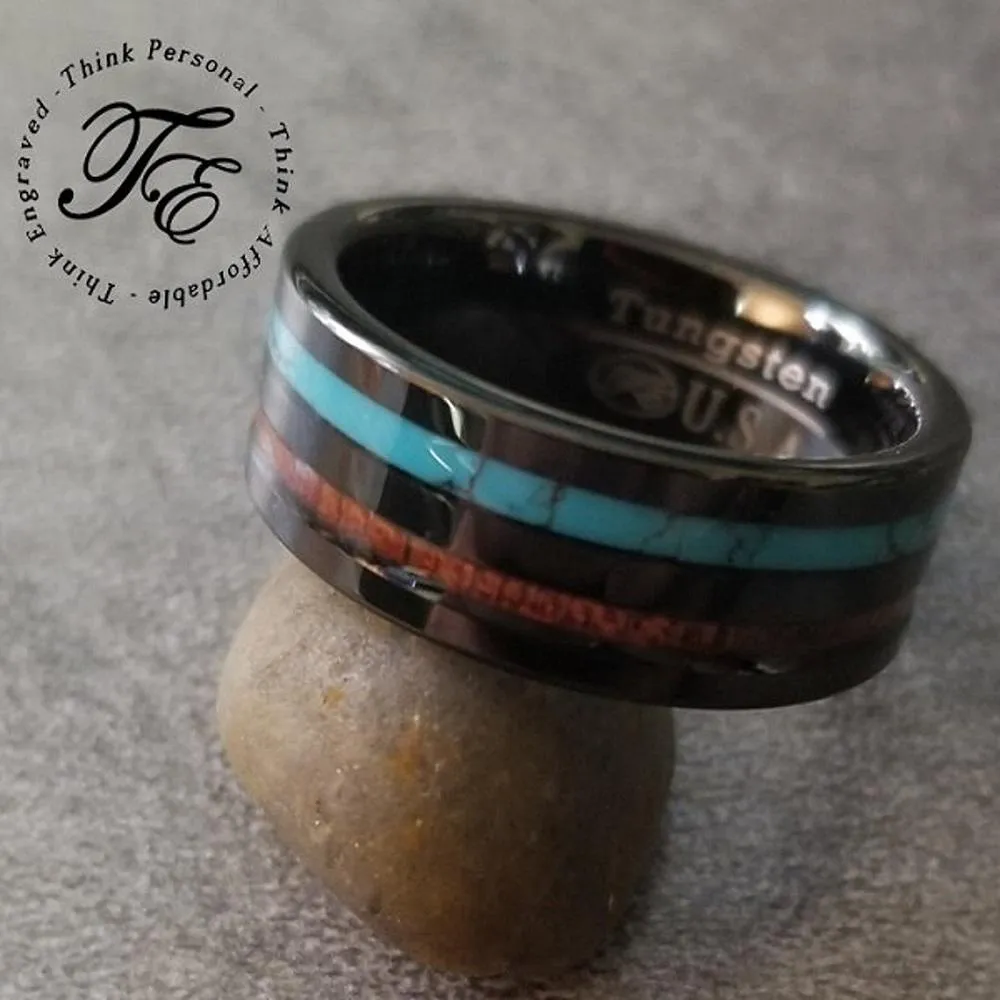 Personalized Men's Promise Ring - Turquoise and Wood Inlays Real Tungsten