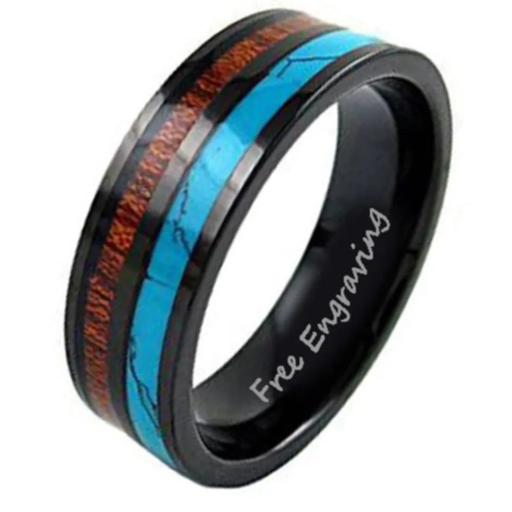 Personalized Men's Promise Ring - Turquoise and Wood Inlays Real Tungsten