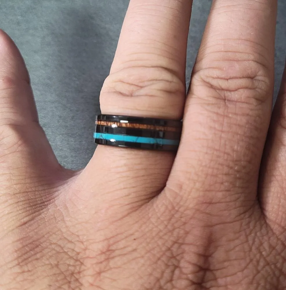 Personalized Men's Promise Ring - Turquoise and Wood Inlays Real Tungsten