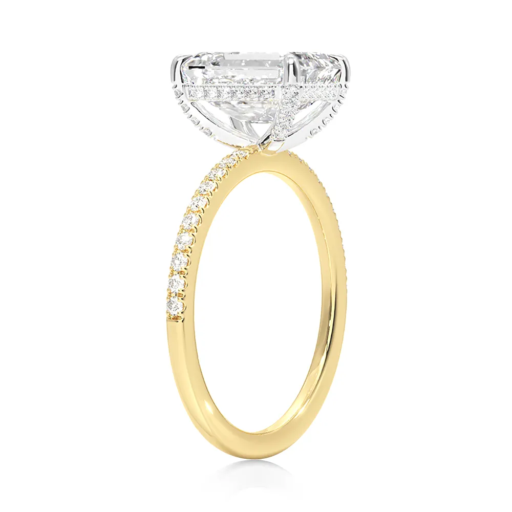 Two-Tone Accented Emerald Cut Engagement Ring With Hidden Halo